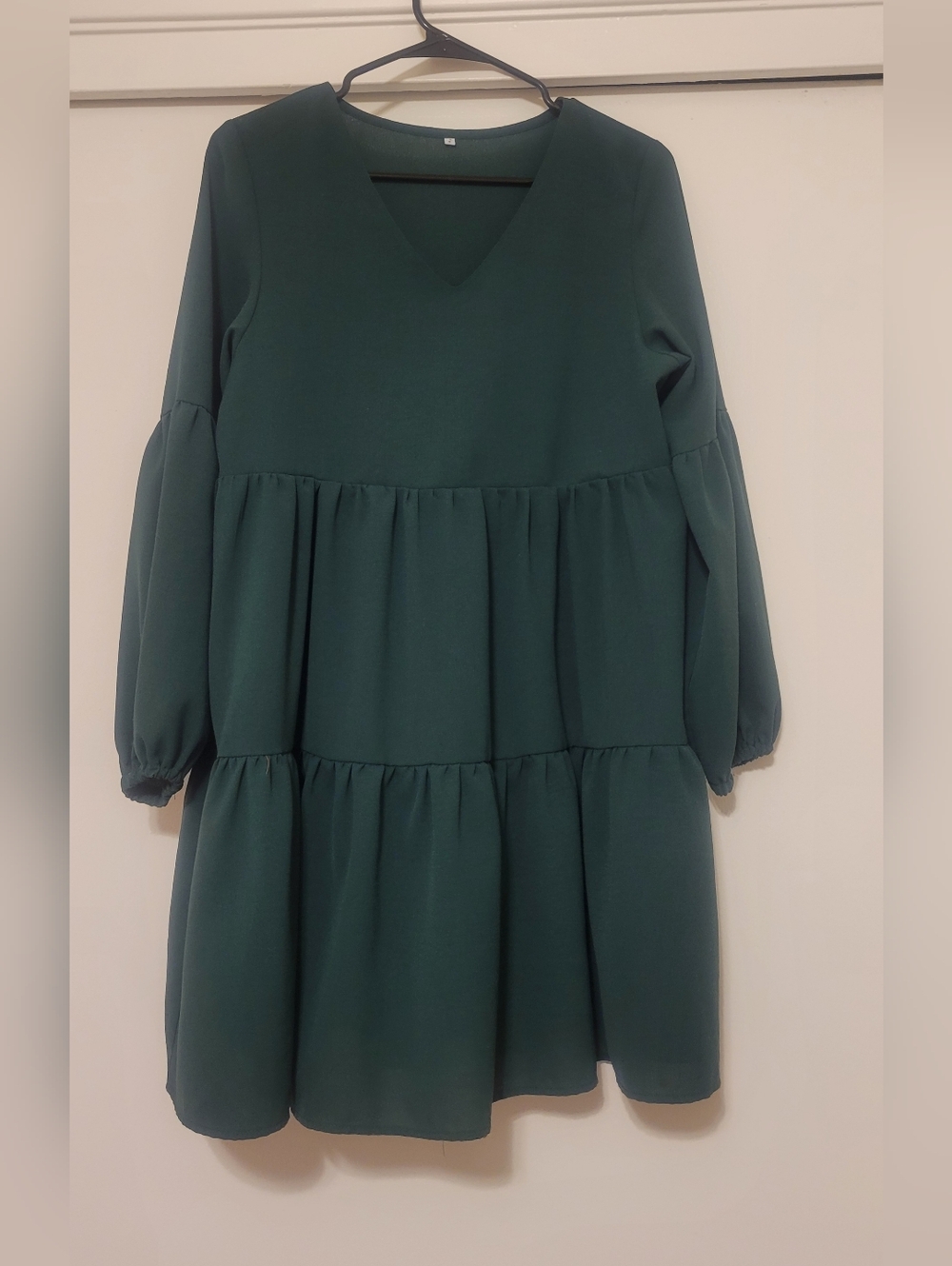 Dark Green Tiered Dress Small Long Sleeve Flowy Casual